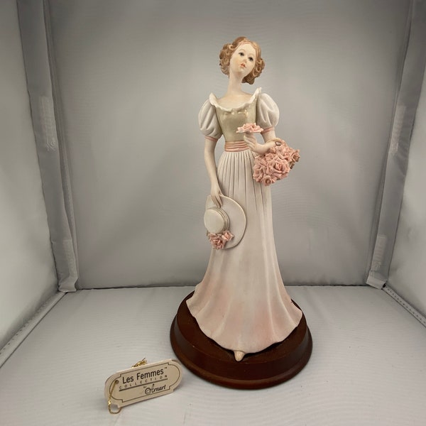 Arnart Les Femmes Collection of a classic elegant lady with pink roses on wooden base.