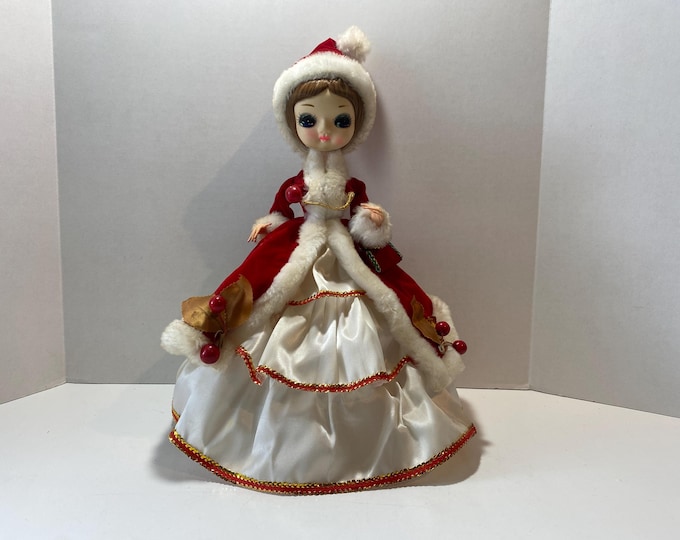 1970's Bradley Big Eye Christmas Doll with Red Velvet Hoop Skirt, Purse and Hat