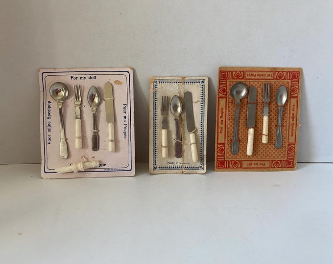 Set of 3  Doll/Child's German Aluminum Toy Doll Flatware Sets for play on Original Cardboard