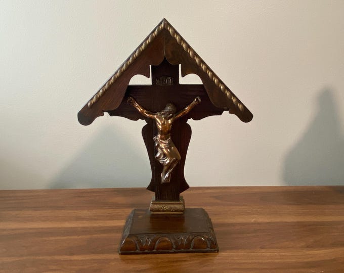Vintage 14" Tall Wood Roofed Table Crucifix