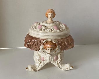 Vintage Victorian Lion and Lady Tri-Footed Lidded Porcelain Serving Tureen or Trinket Box