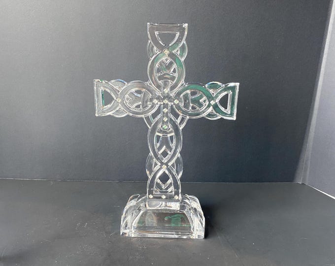 10 1/2" Celtic Design Crystal glass tabletop or shelf cross with clear Rhinestone Accents