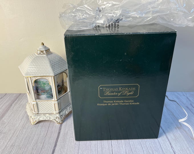 Lighted Thomas Kinkade Porcelain Gazebo Cottage Carousel Victorian Style Music Box NIB