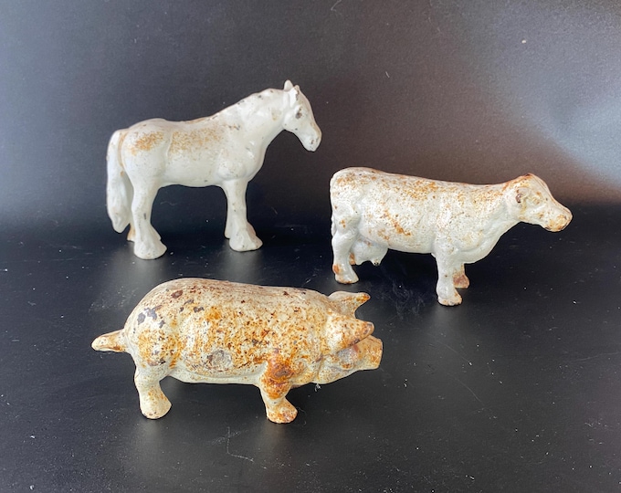 Choice of Vintage Cast Iron Horse, Cow or Pig with a distressed white painted finish and visible painted rust patina look