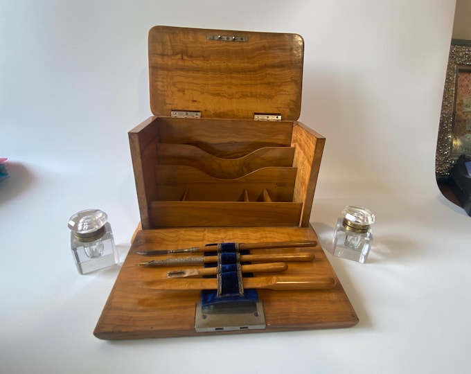 Vintage 7 Piece Set Travel Writing Lap Desk Box with 2 Glass Inkwells, and 4 matching writing tools, letter opener, quill, ink knife etc
