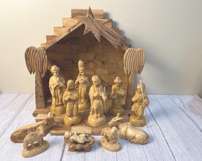 Large 13-piece hand craved Olive Wood Nativity from Bethlehem or Jerusalem