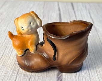 Adorable Ensco Porcelain Puppy Dog sitting on a boot small planter or toothpick holder