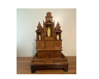 28" Tall Antique Gothic Style Multi-tiered Table Wooden Home Shrine Altar with Arches and Columns