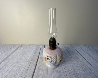 Vintage medium diamond cut porcelain floral oil lamp with chimney and wick