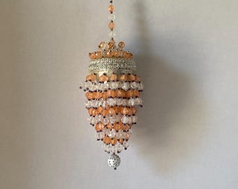 1970s Fancy Beaded Light Pinky Coral and Clear Dangly Strands of Beads with Silver Trim Christmas Ornament