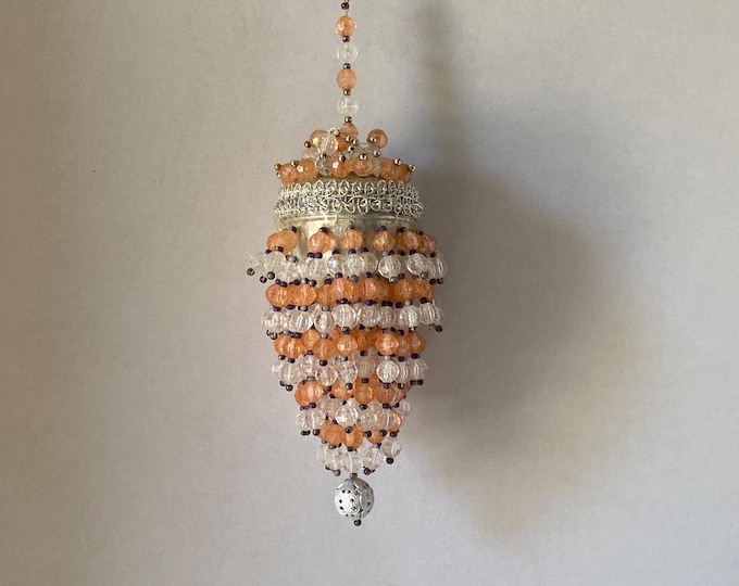 1970s Fancy Beaded Light Pinky Coral and Clear Dangly Strands of Beads with Silver Trim Christmas Ornament