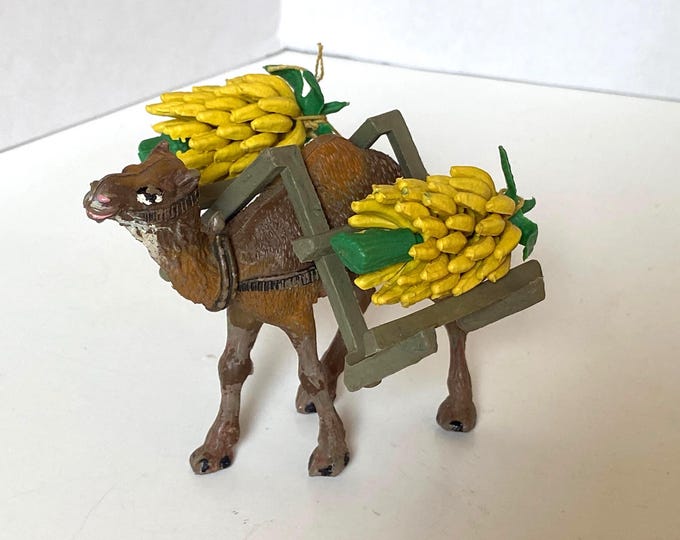 Rare Vintage 4 Piece set of  Pack Dromedary/Camel Figurine carrying Load of Bananas on wooden Rack