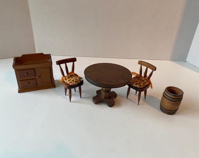 Vintage 5 Piece Dollhouse 1:12 scale wooden furniture includes Table, 2 chairs with cushion pads, washstand/buffet cupboard and barrel