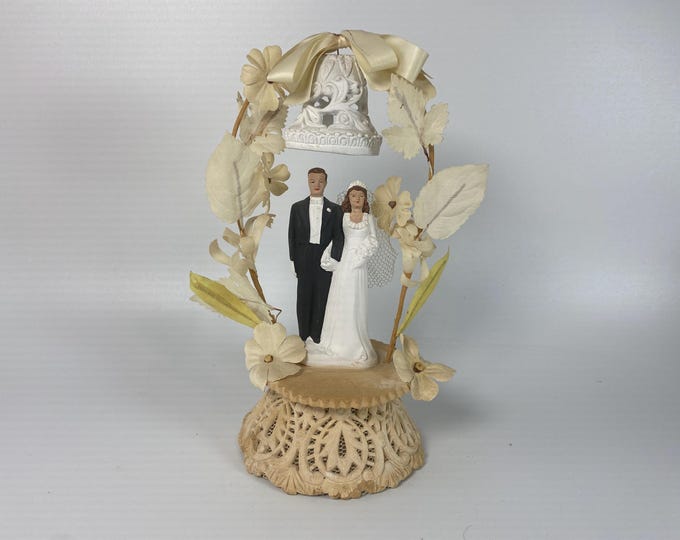 Vintage 1940s Chalkware Bride and Groom Cake Topper with Plaster Base, Bell and Faux fabric flowers