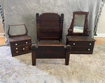 Vintage Doll Bed, Wash Stand With Towel Bar and Mirrored Dresser for 17" dolls