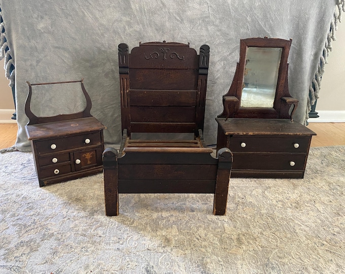 Vintage Doll Bed, Wash Stand With Towel Bar and Mirrored Dresser for 17" dolls