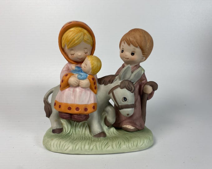 1980s Homco "Flight into Egypt" Mary, Joseph & Baby Jesus on Donkey Porcelain Bisque Figurine #5608