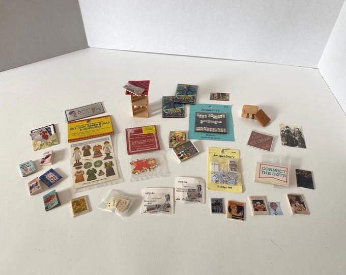 33 piece miniature dollhouse games and ephemera set including checkers, deck of cards, board game, mini post cards, paper dolls 1:12 scale