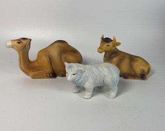 1980s Set of 3 HOMCO #5552 Nativity Animals - Camel, Ox and Sheep Porcelain Bisque Figurines