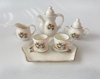 Vintage 8 Piece Miniature Child's Porcelain Ceramic Tea Set Including Tray, 2 Tea cups, saucer, teapot, creamer and sugar
