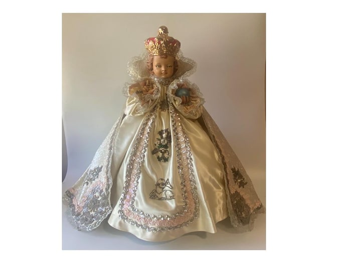 Rare 22" Tall Jesus Child of Prague Porcelain Ceramic Statue with Embroidered & Sequins Vestments