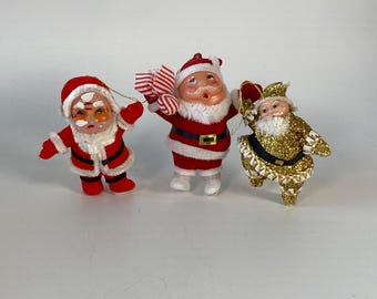 Set of 3 Vintage Celluloid, Flocked and Glitter Santa Ornaments