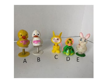 Set of 5 Vintage Easter Basket Toys: Pop Ups,  Bunny lenticular (flicker) face, Easter Egg Topper Toy  and Celluloid White Bunny