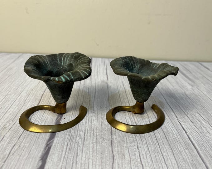 pair of vintage Mid Century Modern Brass Tulip/flower candle holder made in India