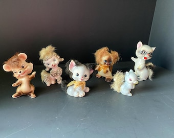 Choice of Vintage Enesco Anthropomorthic Furry Ceramic Chipmunk, Poodle, Kittens, Raccoon and Squirrel animals