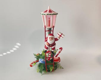1950s  12" Tall Blowmold Santa Climbing Ladder to Lamp post Christmas Table Decoration