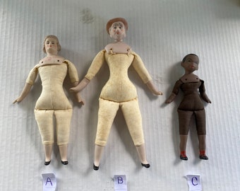 Choice of 3 Male Bisque Heads Arm & Legs with Cloth Body Dollhouse Size