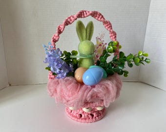 Vintage Handmade Pink Macramé/Crocheted Spring Easter Basket with Bead accents, and fluffy yarn center with Easter Decor