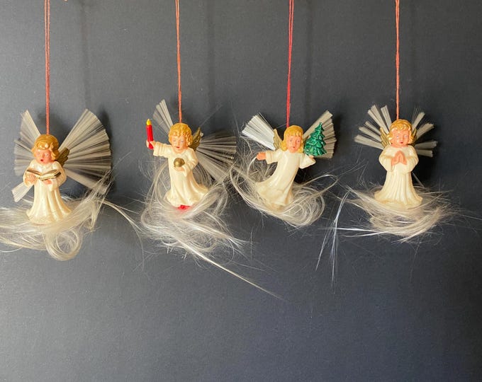 Set of 4 West Germany Angel Hair and spun glass wings Celluloid Angel Ornaments