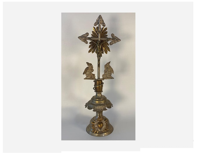 Vintage 18" French Altar Crucifix of  Brass & Silver Tin Tabletop with Sunburst Finial, Ornate Details, Angels, Snake and Sacred Heart
