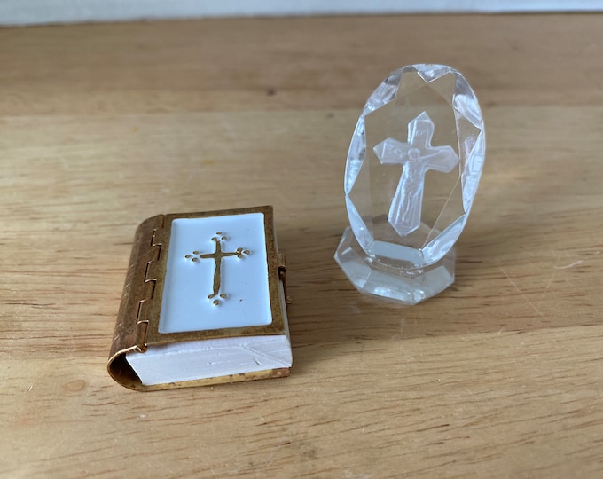Set of 2 Miniature Real New Testament Bible with metal lock and crystal laser engraved tabletop crucifix