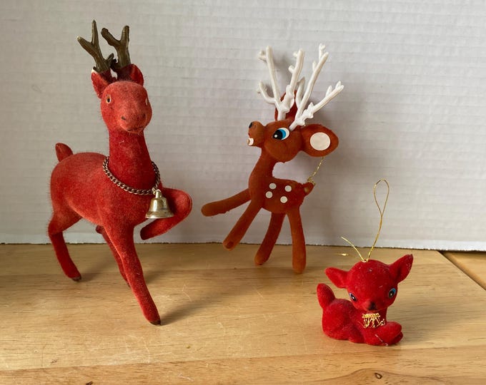 Set of 3 Flocked Red Plastic Reindeer Figurines