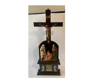 30" Antique 1904 Scrolling 14 Stations of the Cross Pics, Wood, Bronze, Chalkware Standing Altar Crucifix w/3 Marys below by Koenig Brothers