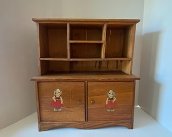 Vintage Large Wooden 16 3/4" Tall Wooden Dutch Girl Doll Hutch Cupboard with Dutch Girl Decals