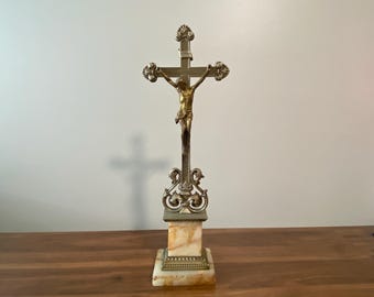 19" Vintage  Marble and Spelter Ornate Table Crucifix