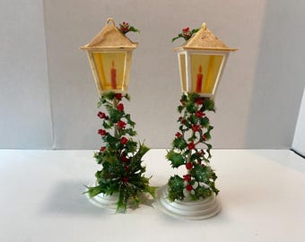 1950s Set of 2 Plastic Christmas Candle Felt Lanterns with Plastic Greenery