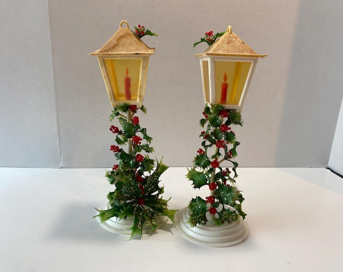 1950s Set of 2 Plastic Christmas Candle Felt Lanterns with Plastic Greenery