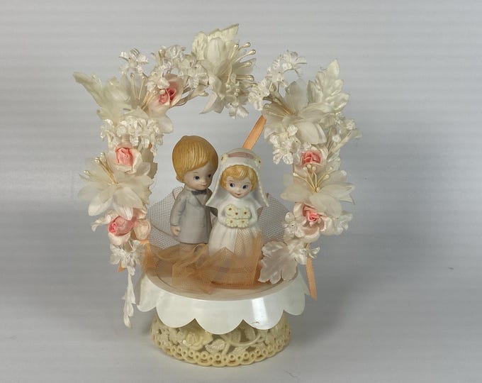 Vintage Lefton Bisque Ceramic Bride and Groom Cake Topper withWhite and Coral Flowers and Orange Tulle