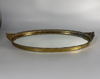 18" Length Hollywood Regency GORGEOUS Oval Mirrored Gold Filigree Vanity Tray or Wall decor