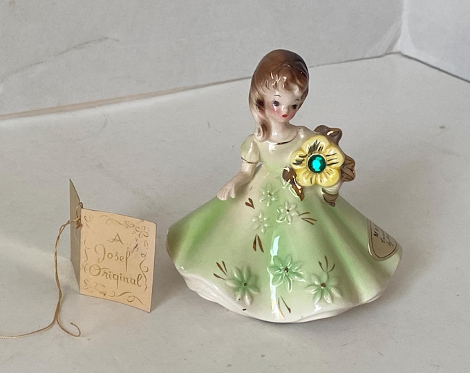 Vintage Josef Originals May Emerald Birthstone Birthday  Figurine with Original Tag with Message