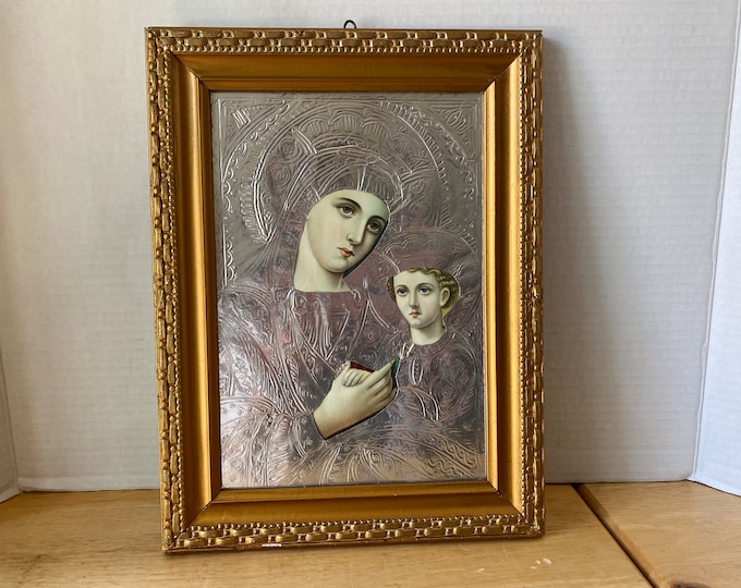 Greek Byzantine Style Holy Icon Art of Made Silver Holy Mother and the Child Jesus Ornate Metal