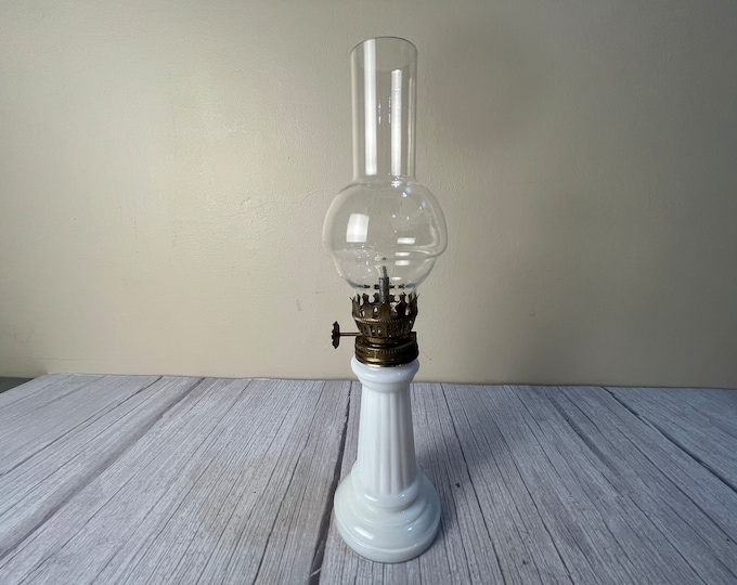 Vintage milk glass pillar style oil lamp with bubble chimney and wick