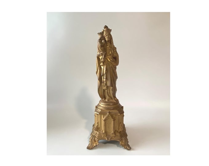 13" Tall Vintage French St. Anne De Beaupre & Mary the Virgin Child Bronze Gilt Metal  Statue