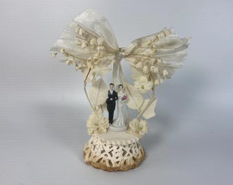 1930s Plaster and Ceramic Petite Bride and Groom Wedding Cake Topper with Large bow and Lily of the Valley Flowers