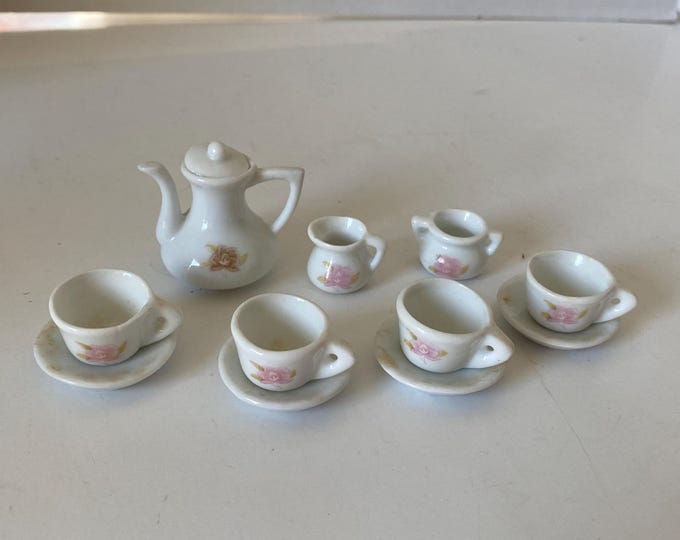 11 Piece set Soft Pink Floral Mini Porcelain tea set - Teapot, Sugar, Creamer, 4 cups, 4 Saucers