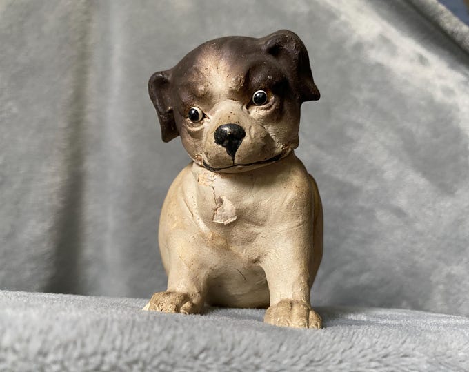 Your Heart Will Melt -  Vintage Chubby Puppy Paper Mache Dog Candy Container with Glass Eyes